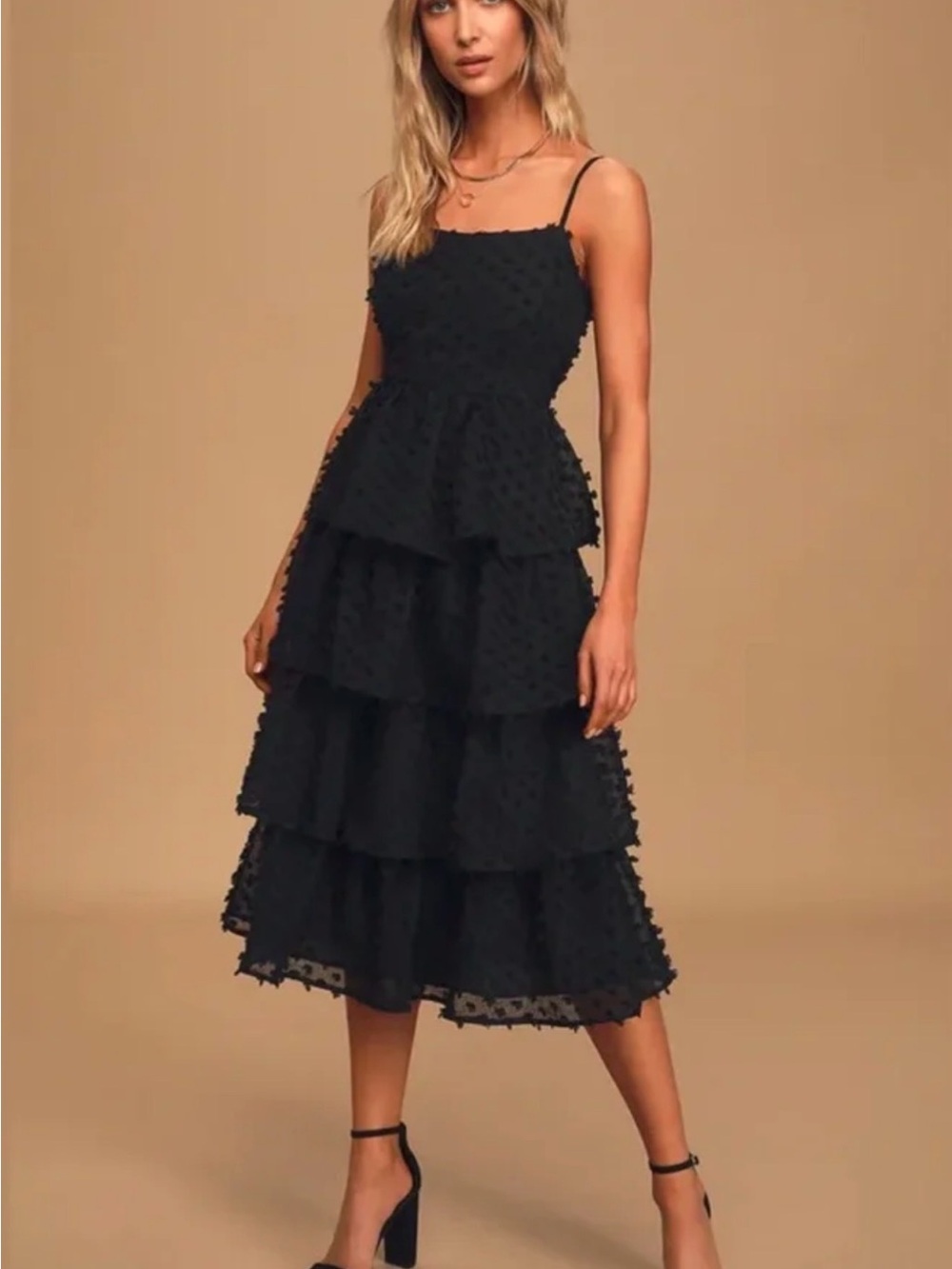 lulu’s Black Swiss Dot Multi Tiered MIDI Dress M